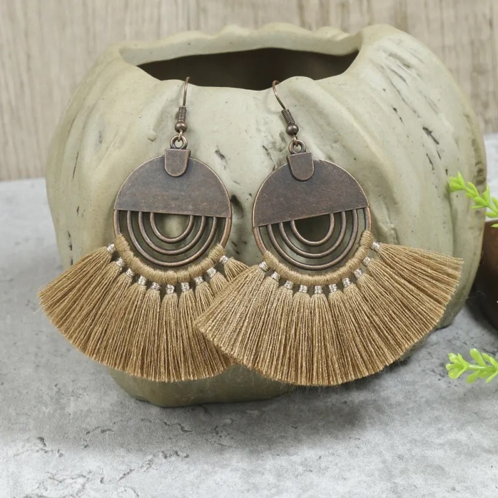 Boho Copper Fringe Earrings in Brown